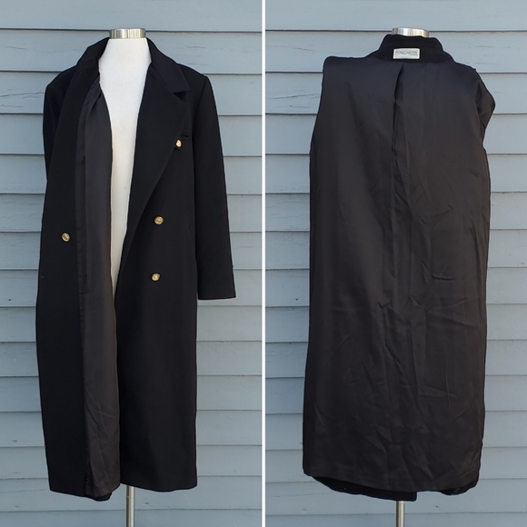 Vintage 80s Retro Preppy Acadamia Black Wool Union Made Longline Trench Coat 12 - Picture 3 of 6